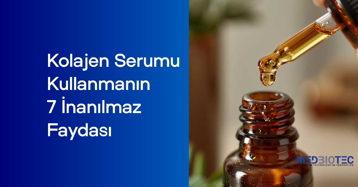 Şeffaf bir serum damlası, kolajen bazlı cilt bakım ürününü temsil ediyor.